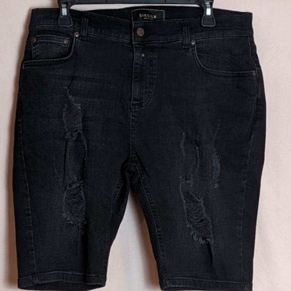 SikSilk Black Distressed Skinny Fit Denim Shorts - Picture 1 of 8